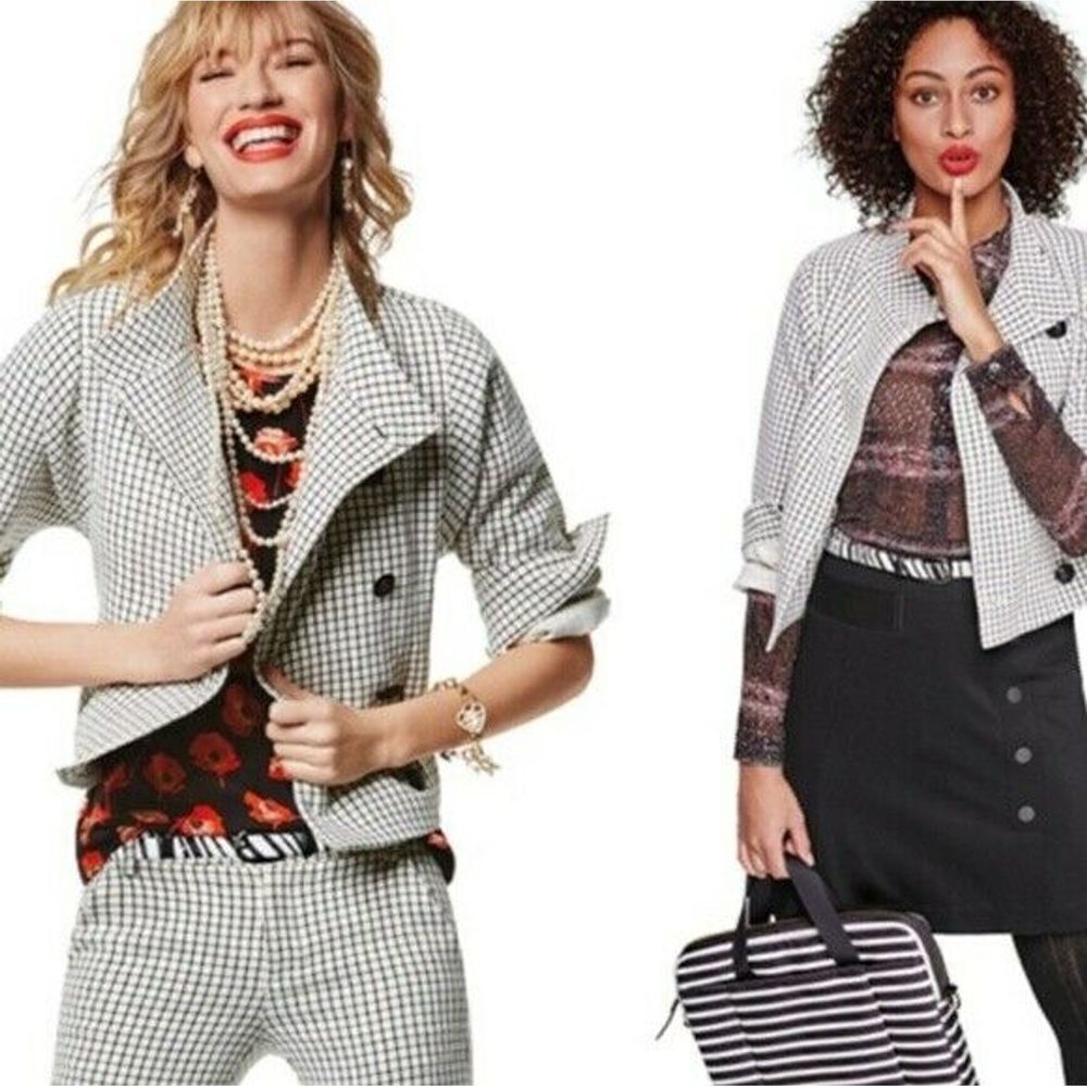 𝅺CABI Jacket Women’s Size M Asymmetrical Button Front Black White Windowpane